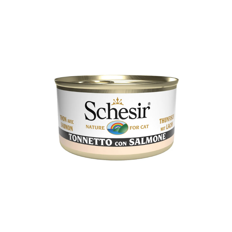 Schesir lata de comida húmeda para gatos de Atún con Salmón en gelatina 85gr